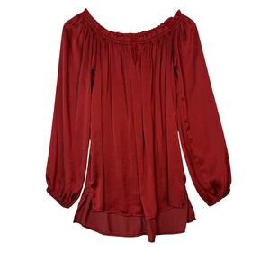 Context Womens Large Red Off Shoulder Blouse Flowy Boho Peasant Top Romantic